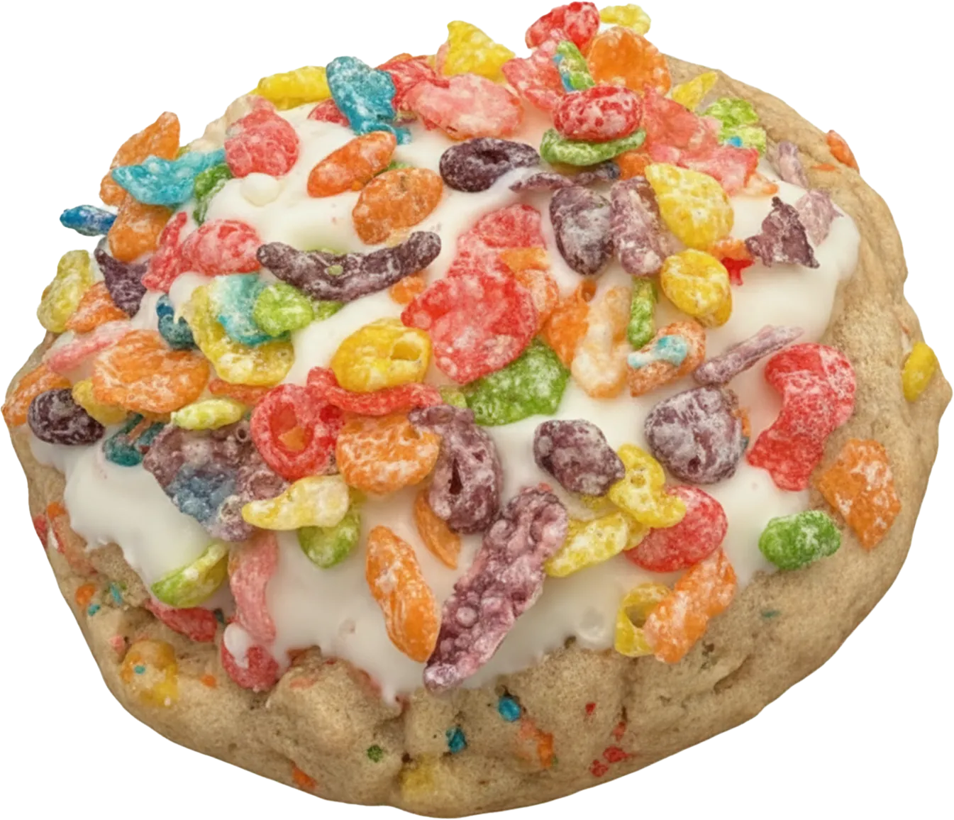 cookie dipped in white chocolate and covered in colorful cereal pieces